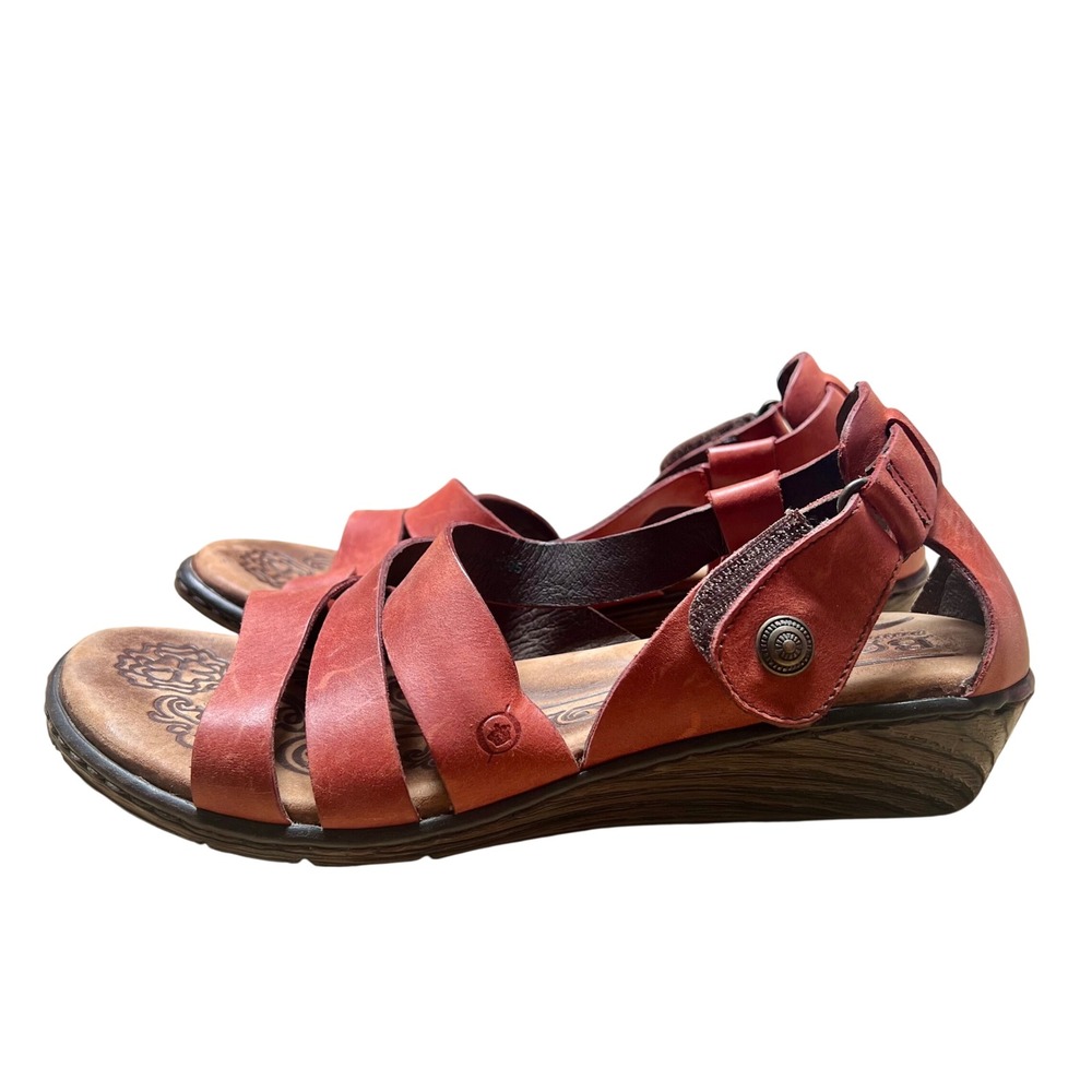 Born Womens Brick Red Leather Strappy Wedge Sandals Size 9 Handcrafted